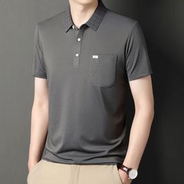 Summer Mens Short Sleeve T-shirt with Lapel Pocket Thin Solid Casual Polo Pullover Fashionable Striped Plaid Tops 240312