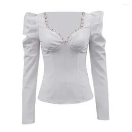 Women's Blouses Women Puff Sleeve Top Floral Square Collar Tee Slim Fit Streetwear For Spring Summer Fashion Trend