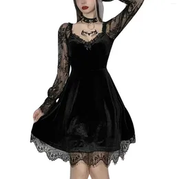 Casual Dresses Female Dress Solid Color Lace Stitching V-Neck Long Flare Sleeve For Ladies Black / Red S/M/L