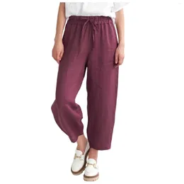 Women's Pants Cropped Cotton Linen Harajuku Trousers Oversized Wide Leg Loose Elastic Waist Jogger Woman Clothing