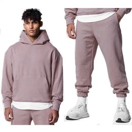 Mens Thick Cotton Training Sets Hoodie Pink Sports Pullover Hooded 2piece Top with Pants Sweatshirts Gym Running Tracksuits 240315