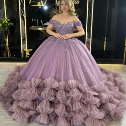 Mexican Sweet Lavender Quinceanera Dresses Ball Gown Beaded Crystal Lace Tull Tiered Sweet 16 Dress Princess Lace Up Vestido De15 Anos