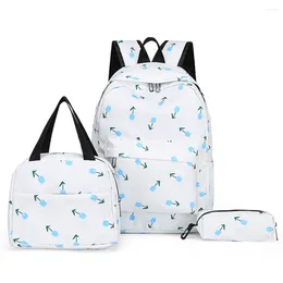 School Bags 3pcs/set Ladies Bookbag With Lunch Box Pencil Case College Student Rucksack Simple Floral Print Fashion Nylon For Vacations