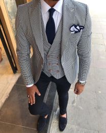 Suits Men's Houndstooth Three Piece Suit Men's Slim Fit Dress Suit Fashion Plaid Checked Blue Purple for Wedding (Jacket+Pant+Vest)