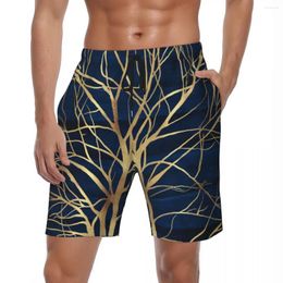 Men's Shorts Gold Lines Print Board Summer Abstract Tree Sports Fitness Beach Short Pants Men Quick Dry Fashion Plus Size Swim Trunks