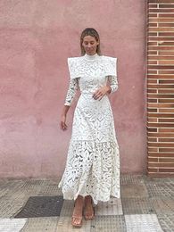 Fashion Lace Out Midi Dress For Women Solid Long Sleeves High Collar long Dresses 2024 Spring Elegant Female Sweet Streetwear 240312