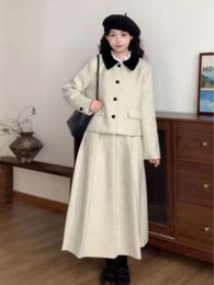Two Piece Dress French Retro Fashionable Suit Spring Autumn Winter College Style Doll Collar Woollen Coat Long Skirt Two-piece Set
