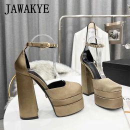 Boots Elegant Women Mary Jane Shoes Satin Platform Super High Heel Party Shoes Square Toe Chunky Heel Crystal Women Wedding Shoes