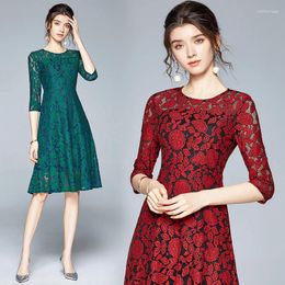 Party Dresses TingYiLi Green Red Lace Midi Dress Hollow Out Sexy Women Korean Elegant Office Ladies A-line Summer