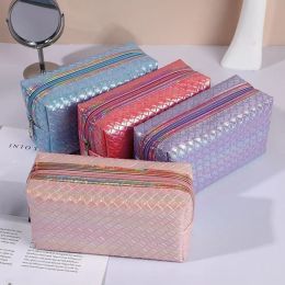 Women's Woven Plaid Laser Makeup Bags Fashion Waterproof PU Leather Toiletry Organizer Cosmetic Bag Portable Storage Bag Box