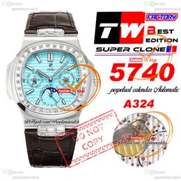 5740 Perpetual Calendar A324SC Automatic Mens Watch TWF Diamonds Bezel Tiff Blue Texture Dial Brown Leather Strap Super Edition Reloj Hombre Puretimewatch PTPP