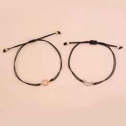 Charm Bracelets 2Pcs Couple Set For Women Handmade Braided Black Thread Rope Bohemian Sun & Moon Card Jewelery