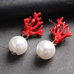 Stud Earrings Women Red Coral Deer Antler White Faux Pearl Christmas Fashion Xmas Gift Holiday Party Accessories