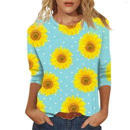 Women's T Shirts Loose Casual Floral Print Round Neck Three-quarter Sleeves Clothing Knitted Korean Style Luxury Tops