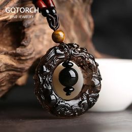 Natural Obsidian Pixiu Vintage Lucky Rope Necklace Gold Tiger Eye Stone Men and Women Crystal Fengshui Jewelry 240305