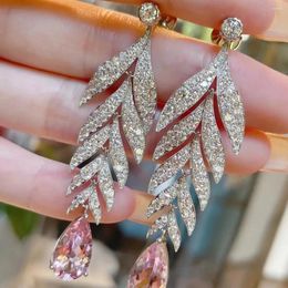 Dangle Earrings Exaggerated Elegant Feather Drop Ladies Delicate Pink CZ Leaves Earing Dangler Wedding Engagement Bridal Trendy Jewellery