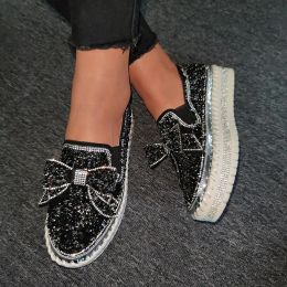 Boots New Black Women Shining Rhinestone Loafers Bowknot Slipon Thick Botton Casual Ladies Crystal Shoes Female Platform Shoes