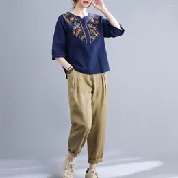 Women's Blouses Loose Fit Blouse Stylish Embroidered Floral V-neck Shirt For Women Top With Half Sleeves Comfortable Breathable Summer