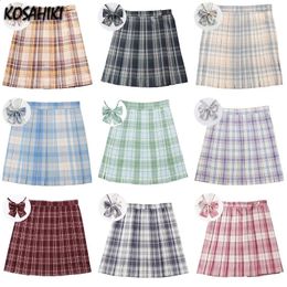 KOSAHIKI School Girl Uniform Pleated Skirts 17 Colours Japanese High Waist A-Line Y2k Plaid Skirt Bow Sexy JK Uniforms for Woman 240314