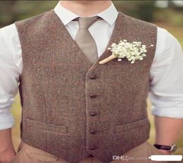 2019 Vintage Brown Tweed Vest Wool Herringbone Groom Vests British Style Mens Suit Vests Slim Fit Mens Dress Vest Custom Wedding W5747762