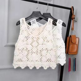 Tops Women Hollow Out Crochet Knit Bohemian Sleeveless Vest Crew Neck Floral Pattern Cami Shirt Beachwear Crop Top Dropshipping