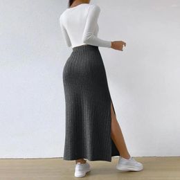 Skirts High-waisted Skirt Elegant Striped Maxi For Women High Waist Knitted Warm Winter With Split Hem Stylish Ankle Length