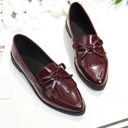 Flats Tassel Bow Knot Women Oxfords Female Derby Leather Brand Casual Pointed Toe Slip On Flats Ladies Comfort Autumn Brogue Shoes