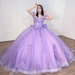 Lilac Ball Gown Quinceanera Dress 2024 Big Bow 3D Flower Appliques Cinderella 16 Princess Gowns Vestidos De 15 Anos