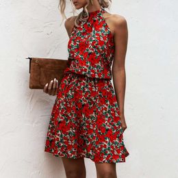 Wind Off Shoulder Sexy Hanging Neck Floral Cotton Printed Dress