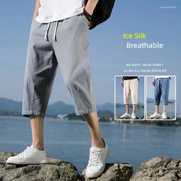 Men's Shorts Summer Cool Long Pants For Wild Cotton And Loose Linen 2024 Korean Trendy Nine Split Straight Leg