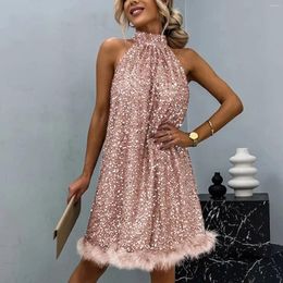 Casual Dresses Women's Fashion Solid Colour Sequin Dress Halter Neck Sleeveless Cocktail Party Evening Lace Up Loose Short Skirts