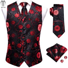 Vests HiTie Black Red Silk Mens Vest Hanky Cufflinks Set Jacquard Floral Dress Waistcoat Sleeveless Jacket for Wedding Business Gift