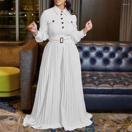 Ethnic Clothing African Long Sleeve Jumpsuits For Women Casual Pleated Wide Leg Pants Belt Button Down Lapel High Waist Summer One Piece