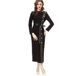 Women's Runway Dresses Stand Collar Long Sleeves Buttons Detailing Lace Up Belt High Street Elegant Designer Mid Vestidos