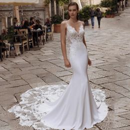 High Quality Spaghetti Straps Wedding Dresses V-Neck Backless Bride Gowns Lace Appliques Sweep Train Mermaid Vestido De Noiva 240407