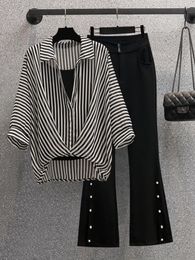 Women's Two Piece Pants 2024 Women Spring Summer Sets Striped Blouse Tops Female Loose Shirts Ladies Clothes Casual Flare Suits Z02