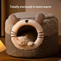 Cute Cat Bed Pet Dog House Winter Villa Sleep Kennel Removable Warm Nest Enclosed Tents Cave Sofa Supplies Accessory 240304