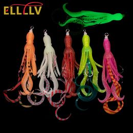 Elllv 10pcs Luminous Soft Squid Skirt with Assist Hook Saltwater Fishing Snapper Kabura Pesca Wobbler Jigging Lure 240312