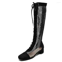 Boots UVRCOS Summer Mesh Cutouts Knee High Square Toe Lace-up Chunky Heels Long Women Runway Shoes Nude Black
