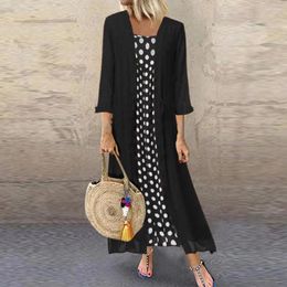 Casual Dresses 2 Piece Set Women Polka Dot Print Autumn Dress Ladies O Neck Long Sleeve Party Maxi Vestido