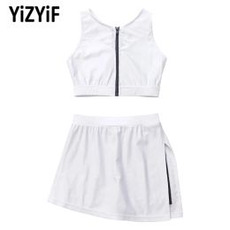 Dresses White Kids Girls Tennis Skorts Sets Badminton Golf Sport Suits Mesh Front Zipper Vest Top Split Skirts Set Dance Outfit Costumes