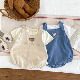 Clothing Sets 2024 Summer Baby Denim Cartoon Bear Boys Sling Jumpsuit Female Short Sleeved T-shirt Jeans Set