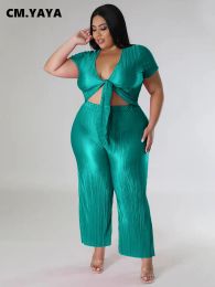 Sets CM.YAYA Plus Size Pleated Women's Set Short Sleeve Tie Up Shirt and Wide Leg Pants 2023 Summer Two 2 Piece Set Outfits Tracksuit