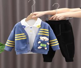 Spring Winter Boys Clothes Sets Cardigan T Shirt Pants College Style Plus Fleece Thick Warm 3PCS Children Boys Sports Suit2538373
