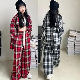 Stage Wear 2024 Jazz Dance Performance Costumes For Kids Black Red Plaid Shirt Loose Pants Suit Girls Hip Hop Clothes DQS15462