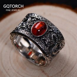 Guananteed S925 Sterling Silver Ring Vintage Garnet Black Agate Double Dragon Play Bead Wide Wholesale 240305