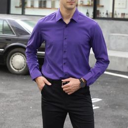 Men's Casual Shirts Men Shirt Stretchy Slim Fit Business With Turn-down Collar Single-breasted Design Solid Colour Soft For Formal
