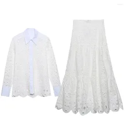 Work Dresses Women's 2024 Sweet And Fashionable White Angel Embroidered Hollow Vintage Long Sleeved Shirt Top High Waist Skirt Set