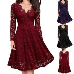 Casual Dresses 2024 Women's Elegant Lace Dress For Party Evening Club Vintage Long Sleeve V Neck Solid Bridesmaid Slim Mini Female