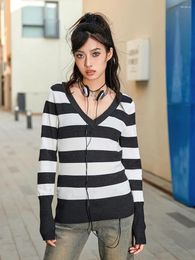 Women's T Shirts Women Harajuku Striped Pullover Shirt Long Sleeve Slim Fit T-Shirt Fall Spring Vintage Crop Top Club Streetwear